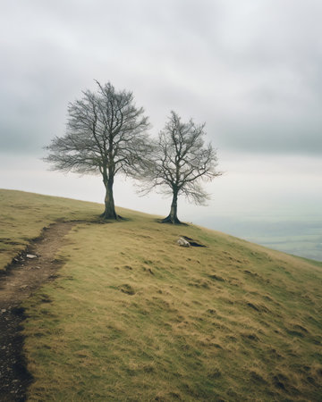 Abandoned curve dry alley located on hillside near large field with trees on foggy day under cloudyの素材