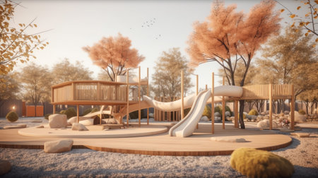 Children Playground with Modern Slide, Rope Net Bridge, Climbing Swings, Climbers. Empty Wooden Playの素材