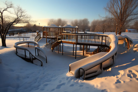 Empty playground in the early morning under a layer of snow. Snowfall in the city, winter, cold, noの素材