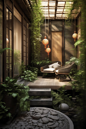 Inner courtyard with vertical garden. 3D illustration.の素材
