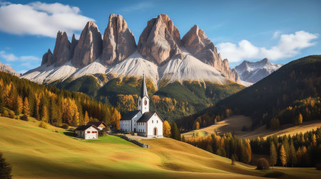 Peaks of the Odle group with chapel St. Lohann, VillnÃ¶Ãtal, St. Magdalena, South Tyrol, Italyの素材