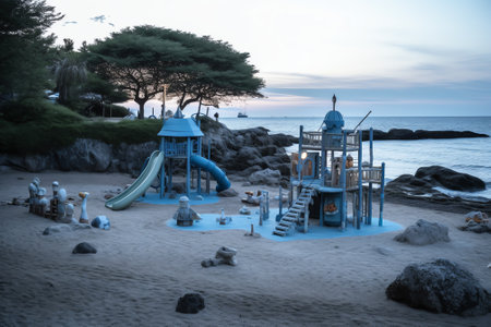 Empty playground and toys. A promenade area on the Black Sea highlands.の素材