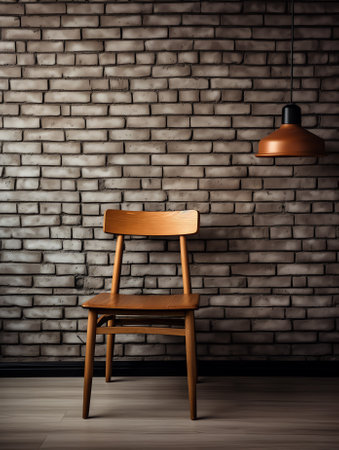 A row of five empty modern chairs in front of a stylish brick wall. Shot on a black wall in a dark kの素材