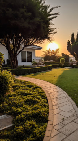 Empty street at the nice and comfortable garden at the morning with lovely beautiful skyの素材