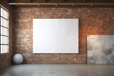 Empty white horizontal canvas on concrete wall in modern art gallery. Mock up interior in contemporaの素材