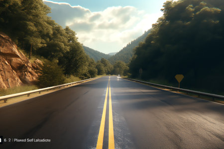 Empty asphalt road and green forest under blue sky.の素材