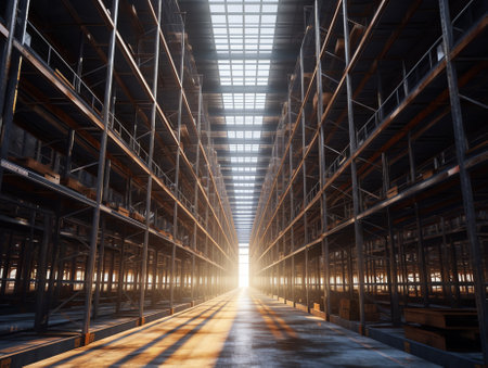Warehouse with shafts of light pouring through roofの素材