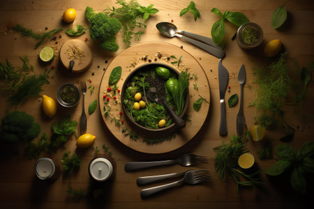 Round wooden plate with herbs and salt on dark wooden background top viewの素材