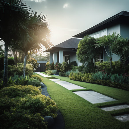 European style villa with backyard garden with nicely trimmed trees and bushes in near house. Landscの素材