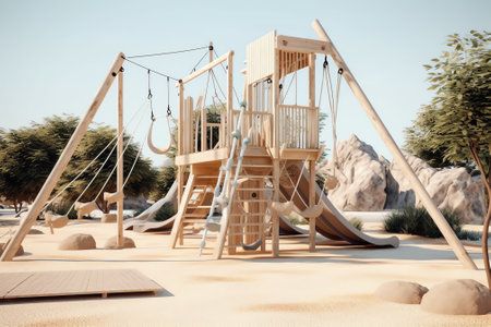 Children Playground with Modern Slide, Rope Net Bridge, Climbing Swings, Climbers. Empty Wooden Playの素材