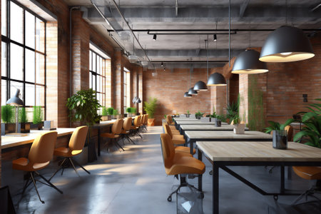 Office in a loft style with white brick walls and concrete columns. There is a meeting zone with a lの素材