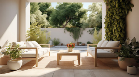 Porch with outdside furniture - gray chair and table. Greenery trees. Tropical backyard garden. Lounの素材