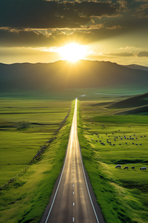 Straight country road and green farmland natural scenery at sunrise in Xinjiang, China.の素材