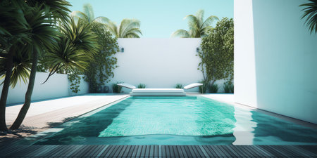 Modern tropical swimming pool terrace exterior design with copy space for product display on woodenの素材