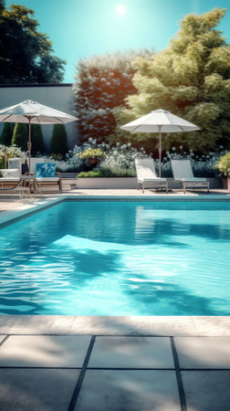 A rectangular new swimming pool with tan concrete edges in the fenced backyard of a new constructionの素材