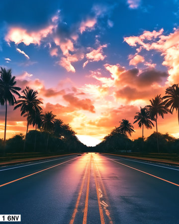 Beautiful vibrant orange cloud and blue sunset sky with empty asphalt floor .の素材