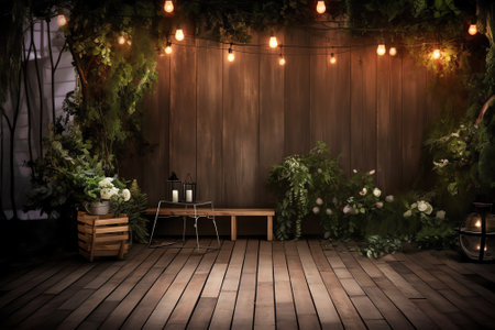 A beautiful recreation area in the park or in the garden. Wooden terrace, rustic loft interior. Retrの素材