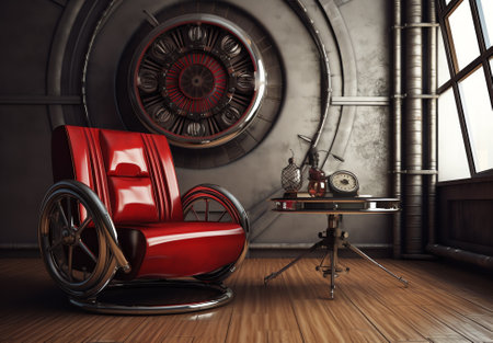 Old fashioned red chair on a wooden floorの素材