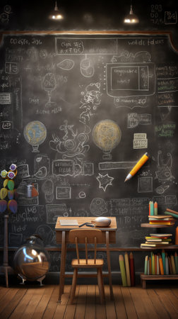 Vintage college classroom with equation solution on blackboard at sunrise 3D Renderの素材