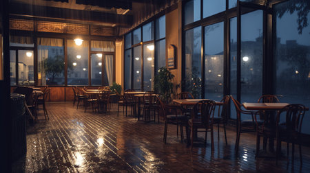 Empty outdoor cafe on a dark rainy night in Pragueの素材