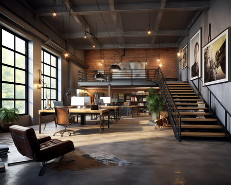 contemporary loft office interior. 3d rendering design conceptの素材