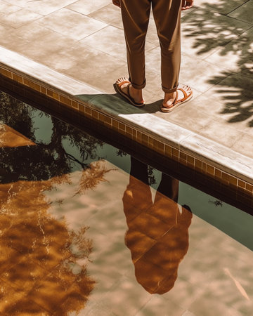A pair of men's leather sandals by side of swimming pool.の素材