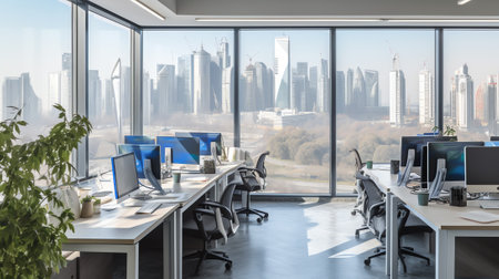 Empty corner office space overlooking snowy cityの素材