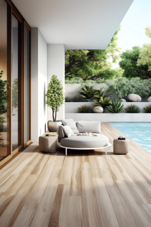 Modern tropical swimming pool terrace exterior design with copy space for product display on woodenの素材
