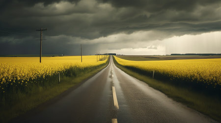 Scenic grey gravel road at countryside during intermittent cloudy spring day. Low angle photo of pebの素材