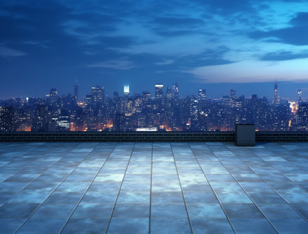 Empty floor platform with night view city skyline backgroundの素材