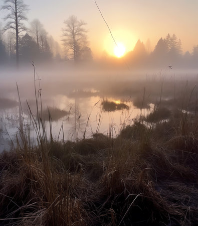 Stunning sun beams light up through thick fog of Autumn Fall frosty landscapeの素材