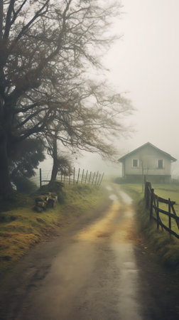 Abandoned curve dry alley located on hillside near large field with trees on foggy day under cloudyの素材