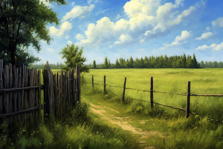 Dutch landscape wooden fence, blue sky, green grass field, cloud, tree, green, grass, horizon, hollaの素材