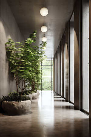 Space for products showcases in the concrete hallway with a park background.3d rendering.の素材