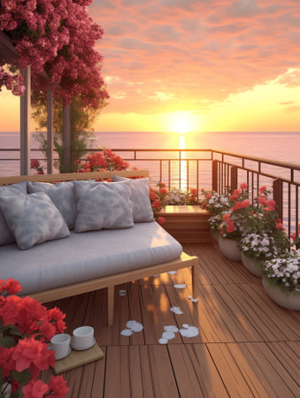 Space for products showcases on the deck with sunset sky.3D Rendering.の素材