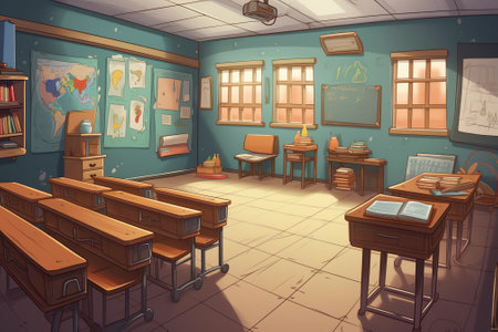 Vector cartoon background with empty school classroom, interior inside. Education concept illustratiの素材