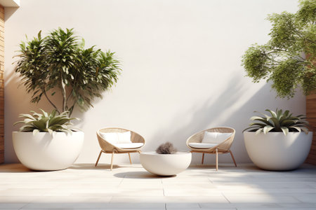 Porch with outdside furniture - gray chair and table. Greenery trees. Tropical backyard garden. Lounの素材