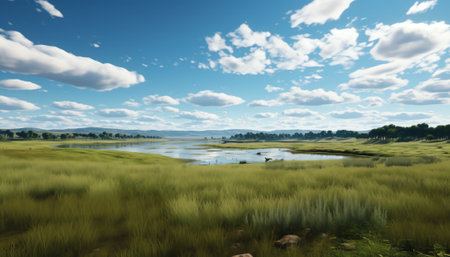 Pond with High Grass and an empty field. Empty field from a farm which was recently tilled. Sky is bの素材