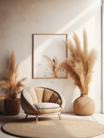 Living room interior wall mockup in warm tones with beige linen sofa, dried Pampas grass, woven tablの素材