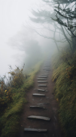 Abandoned curve dry alley located on hillside near large field with trees on foggy day under cloudyの素材