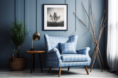 loft and vintage interior of living room, wood armchairs with plant on wood flooring and blue wall ,の素材