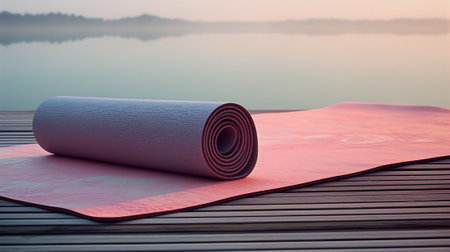 Exercise mats arranged on patio at sunsetの素材