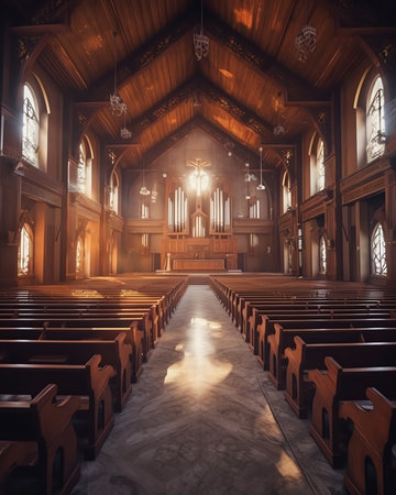 Rows of church benches at the old european catholic church.の素材