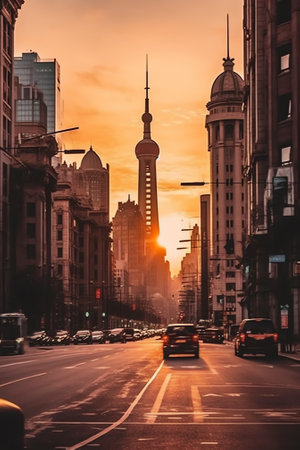 Empty asphalt road and city skyline with buildings at sunset in Shanghai.の素材