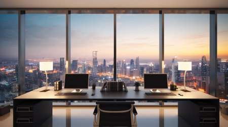Empty office room with view of the modern business skyscrapers high-rise buildings at night . Mixedの素材