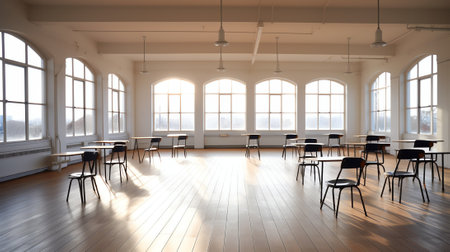 Landscape image of an empty classroom.の素材