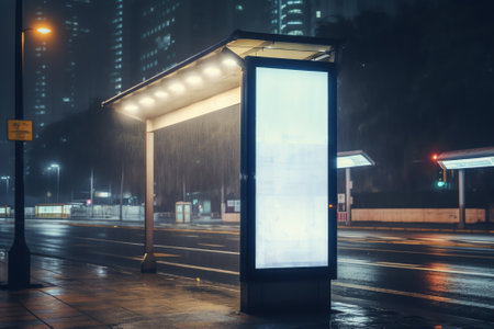 Blank bus stop advertising billboard in the city at night.の素材