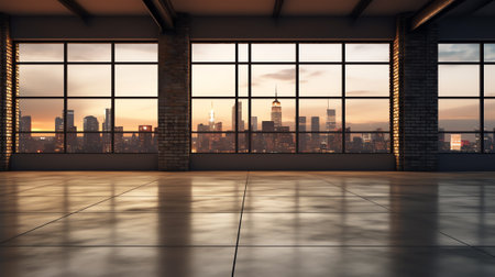 Panoramic view of empty concrete tiles floor with city skyline. Sunrise scene. 3d renderingの素材