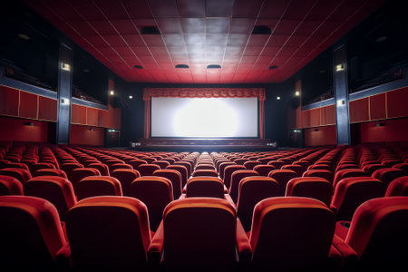 Interior of empty cinema with rows of red seats with cup holders and popcorn. Concept of entertainmeの素材