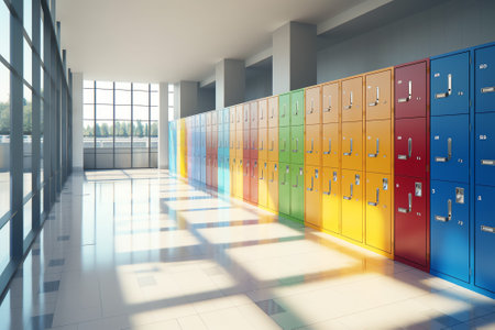Empty hallway in the school, backpacks and bags on hooks, bright recreation roomの素材
